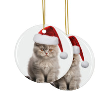 DistinctInk Hanging Ceramic Christmas Tree Ornament with Gold String - Great Gift/Present - 2 3/4 inch Diameter - Selkirk Rex Cat Design
