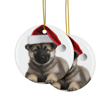 DistinctInk Hanging Ceramic Christmas Tree Ornament with Gold String - Great Gift/Present - 2 3/4 inch Diameter - Norwegian Elkhound Puppy Design