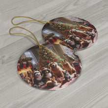DistinctInk Hanging Ceramic Christmas Tree Ornament Charm with Gold String - Great Gift/Present - 2 3/4 inch Diameter - Furry Friends' Festive Gathering