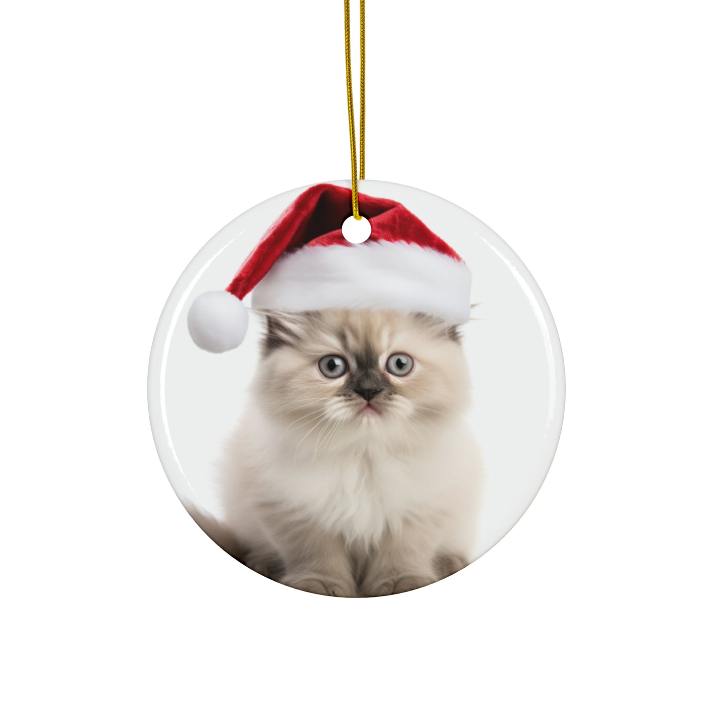 DistinctInk Hanging Ceramic Christmas Tree Ornament with Gold String - Great Gift/Present - 2 3/4 inch Diameter - Himalayan Kitten Design