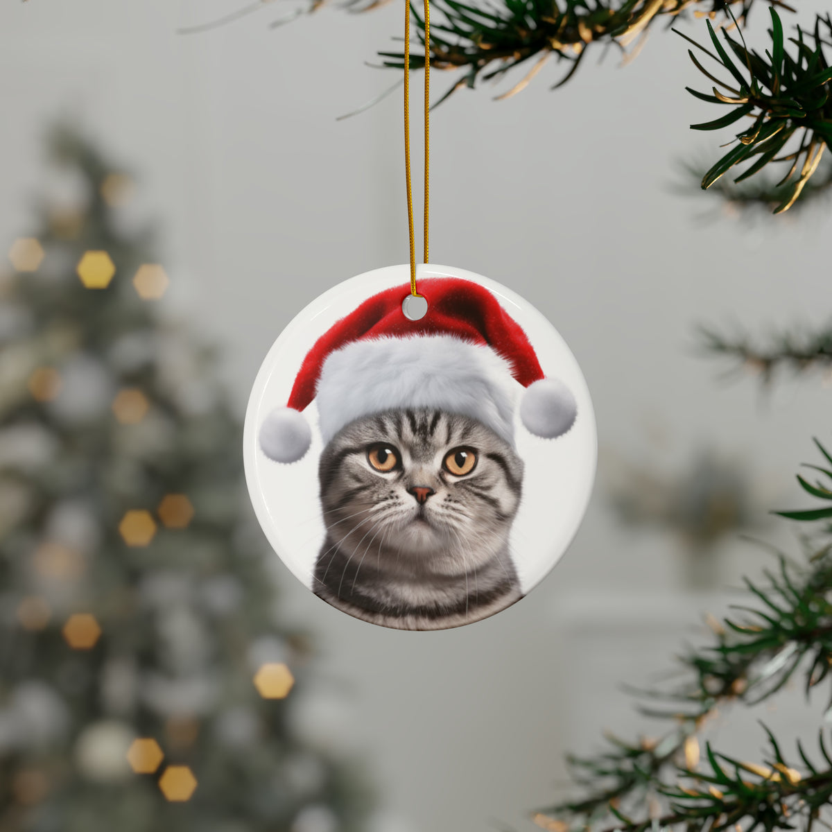 Hanging Ceramic Christmas Tree Ornament with Gold String - American Shorthair Cat Design, view 3