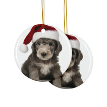 DistinctInk Hanging Ceramic Christmas Tree Ornament with Gold String - Great Gift/Present - 2 3/4 inch Diameter - Bedlington Terrier Puppy Design