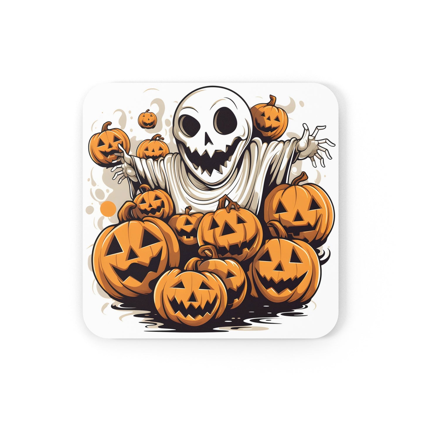 DistinctInk (Set of 4) Corkwood Coasters with Ghostly Skeleton and PumpkinsDesign for Halloween