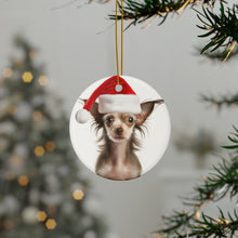 DistinctInk Hanging Ceramic Christmas Tree Ornament with Gold String - Great Gift/Present - 2 3/4 inch Diameter - Chinese Crested Puppy Design