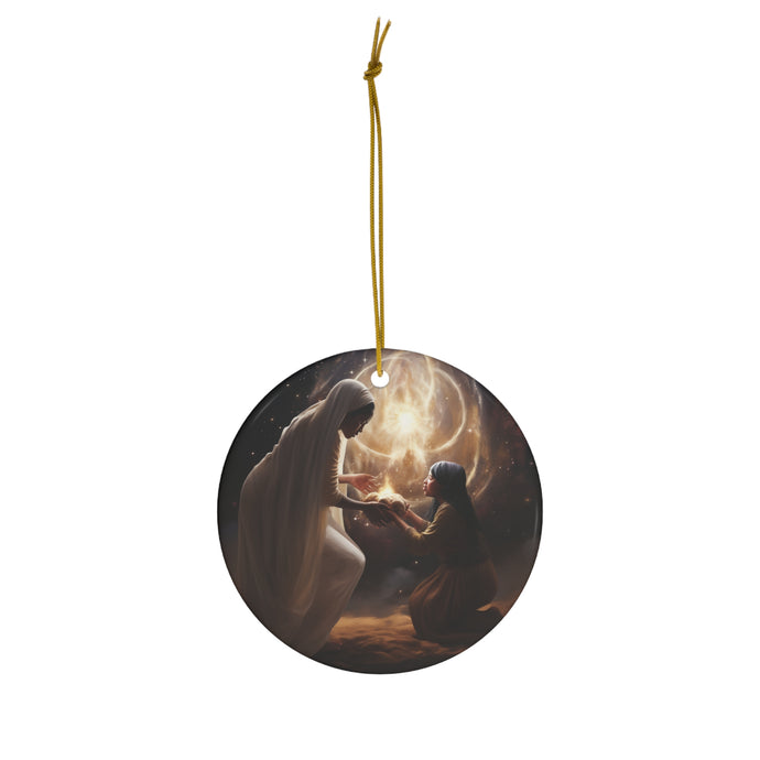 DistinctInk Hanging Ceramic Christmas Tree Ornament Charm with Gold String - Great Gift/Present - 2 3/4 inch Diameter - Virgin Birth: Isaiah 7:14