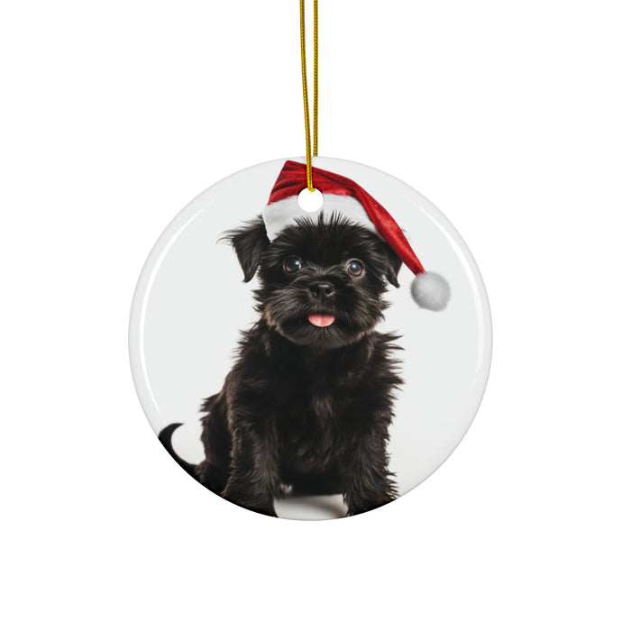 DistinctInk Hanging Ceramic Christmas Tree Ornament with Gold String - Great Gift/Present - 2 3/4 inch Diameter - Affenpinscher Puppy Design