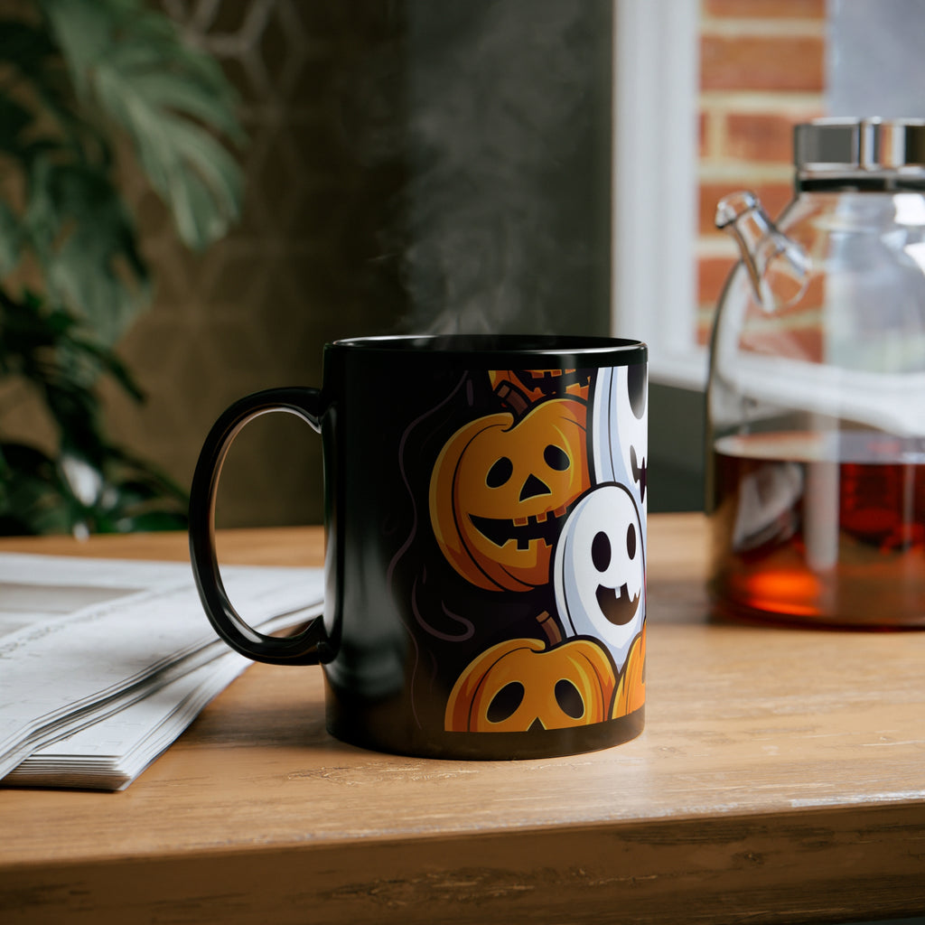 Black Coffee Mug - Skele-Pumpkin Ghost Pattern for Halloween, view 6