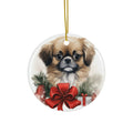 Hanging Ceramic Christmas Tree Ornament with Gold String - Tibetan Spaniel Puppy Drawing Design