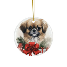DistinctInk Hanging Ceramic Christmas Tree Ornament with Gold String - Great Gift/Present - 2 3/4 inch Diameter - Tibetan Spaniel Puppy Drawing Design