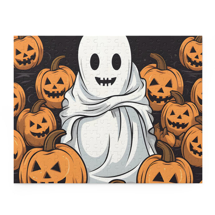 DistinctInk Jigsaw Puzzle with Skeletal Ghostly Pumpkin Patch Design for Halloween