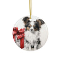 Hanging Ceramic Christmas Tree Ornament with Gold String - Papillon Puppy Drawing Design