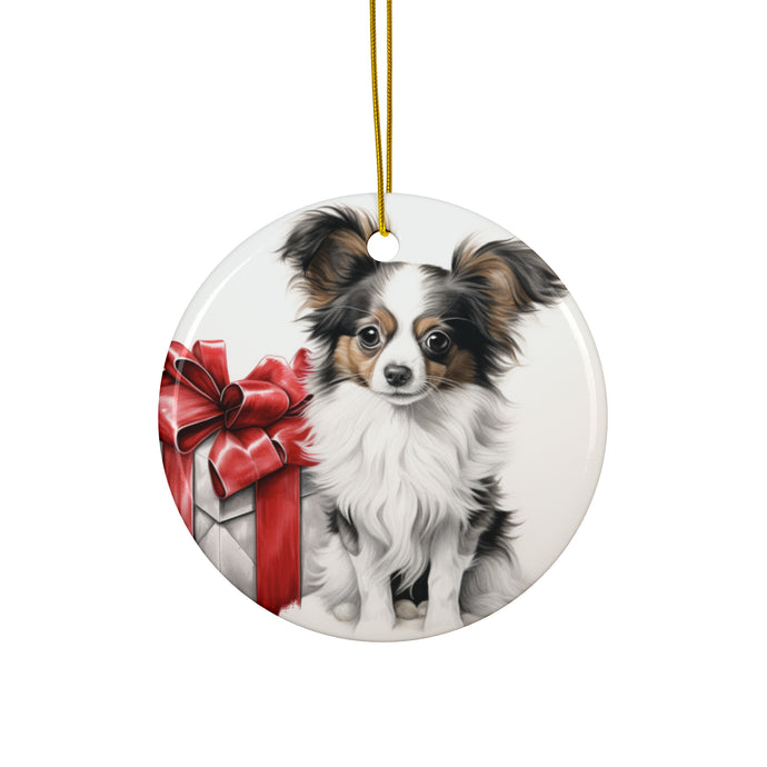 DistinctInk Hanging Ceramic Christmas Tree Ornament with Gold String - Great Gift/Present - 2 3/4 inch Diameter - Papillon Puppy Drawing Design