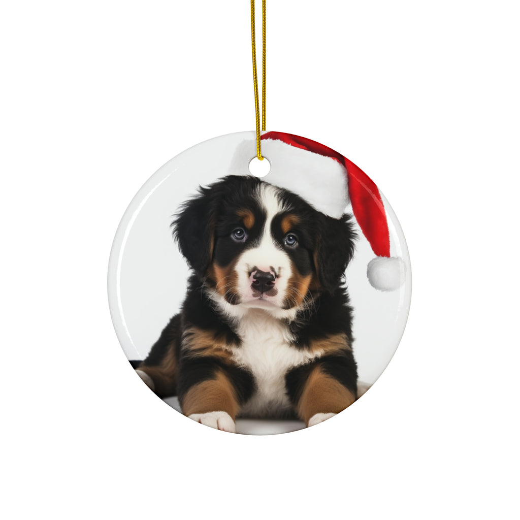 Hanging Ceramic Christmas Tree Ornament with Gold String - Bernese Mountain Dog Puppy Design