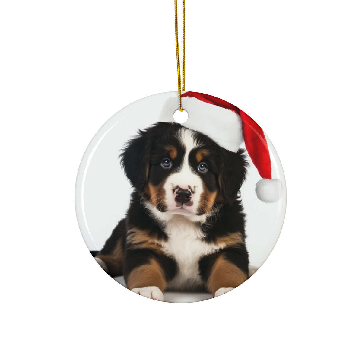 Hanging Ceramic Christmas Tree Ornament with Gold String - Bernese Mountain Dog Puppy Design