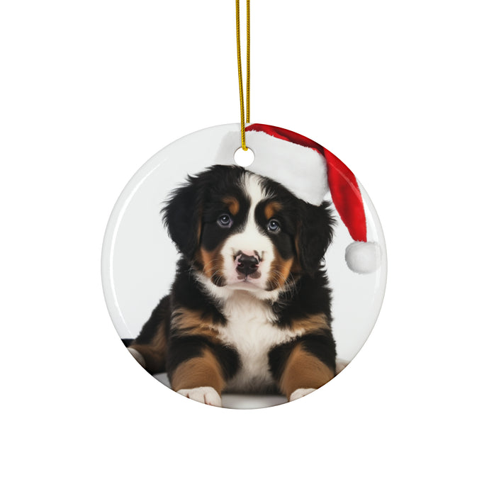 DistinctInk Hanging Ceramic Christmas Tree Ornament with Gold String - Great Gift/Present - 2 3/4 inch Diameter - Bernese Mountain Dog Puppy Design