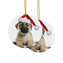 DistinctInk Hanging Ceramic Christmas Tree Ornament with Gold String - Great Gift/Present - 2 3/4 inch Diameter - Anatolian Shepherd Dog Puppy Design