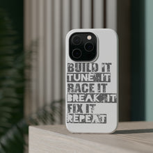 DistinctInk ToughCase for Apple iPhone, Compatible with MagSafe Charging - Build It Tune Race Break Fix Repeat