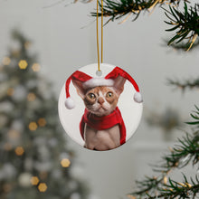 DistinctInk Hanging Ceramic Christmas Tree Ornament with Gold String - Great Gift/Present - 2 3/4 inch Diameter - Devon Rex Cat Design