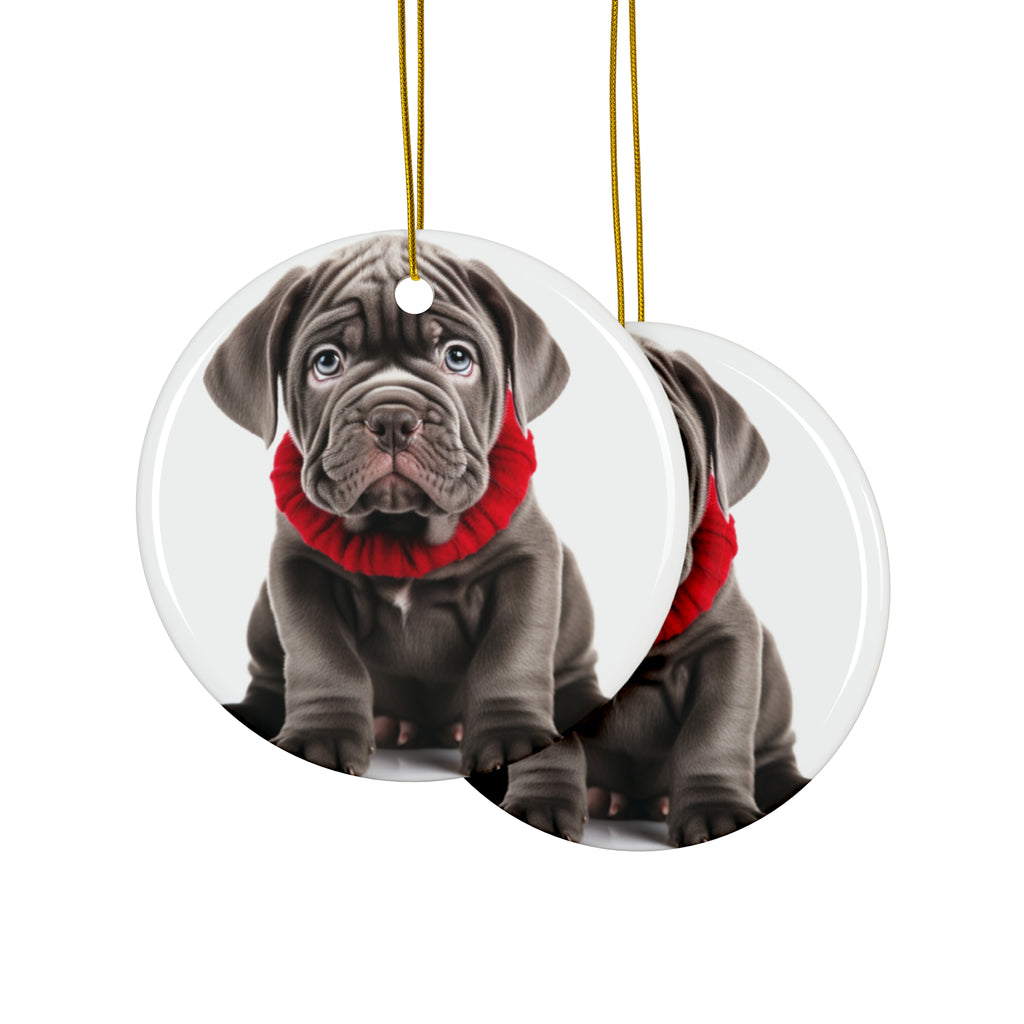 Hanging Ceramic Christmas Tree Ornament with Gold String - Neapolitan Mastiff Puppy Design, view 2