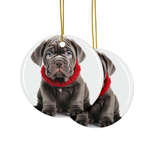 DistinctInk Hanging Ceramic Christmas Tree Ornament with Gold String - Great Gift/Present - 2 3/4 inch Diameter - Neapolitan Mastiff Puppy Design