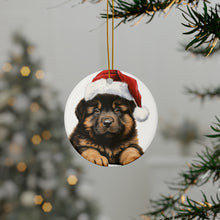DistinctInk Hanging Ceramic Christmas Tree Ornament with Gold String - Great Gift/Present - 2 3/4 inch Diameter - Tibetan Mastiff Puppy Drawing Design