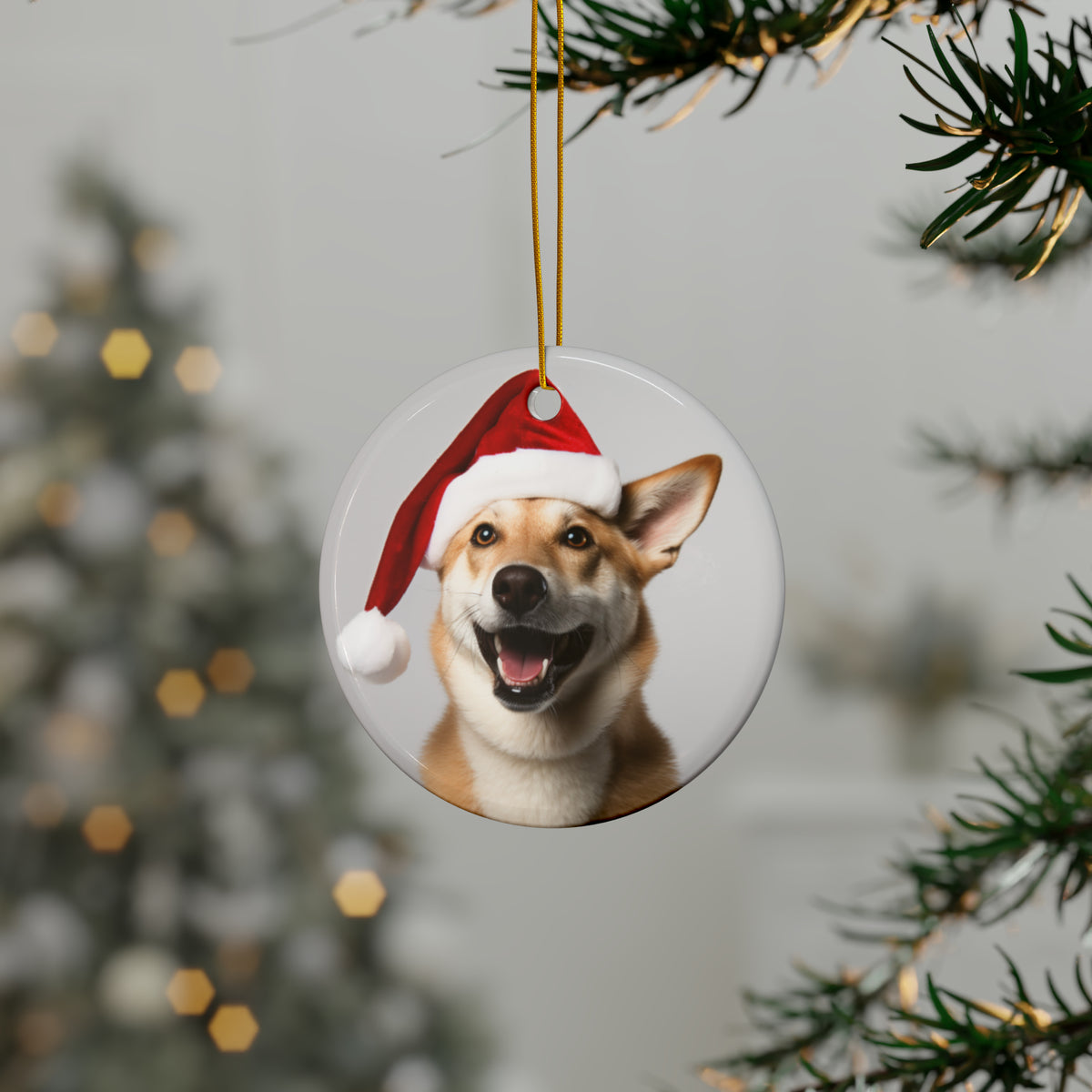 Hanging Ceramic Christmas Tree Ornament with Gold String - Canaan Dog Design, view 3