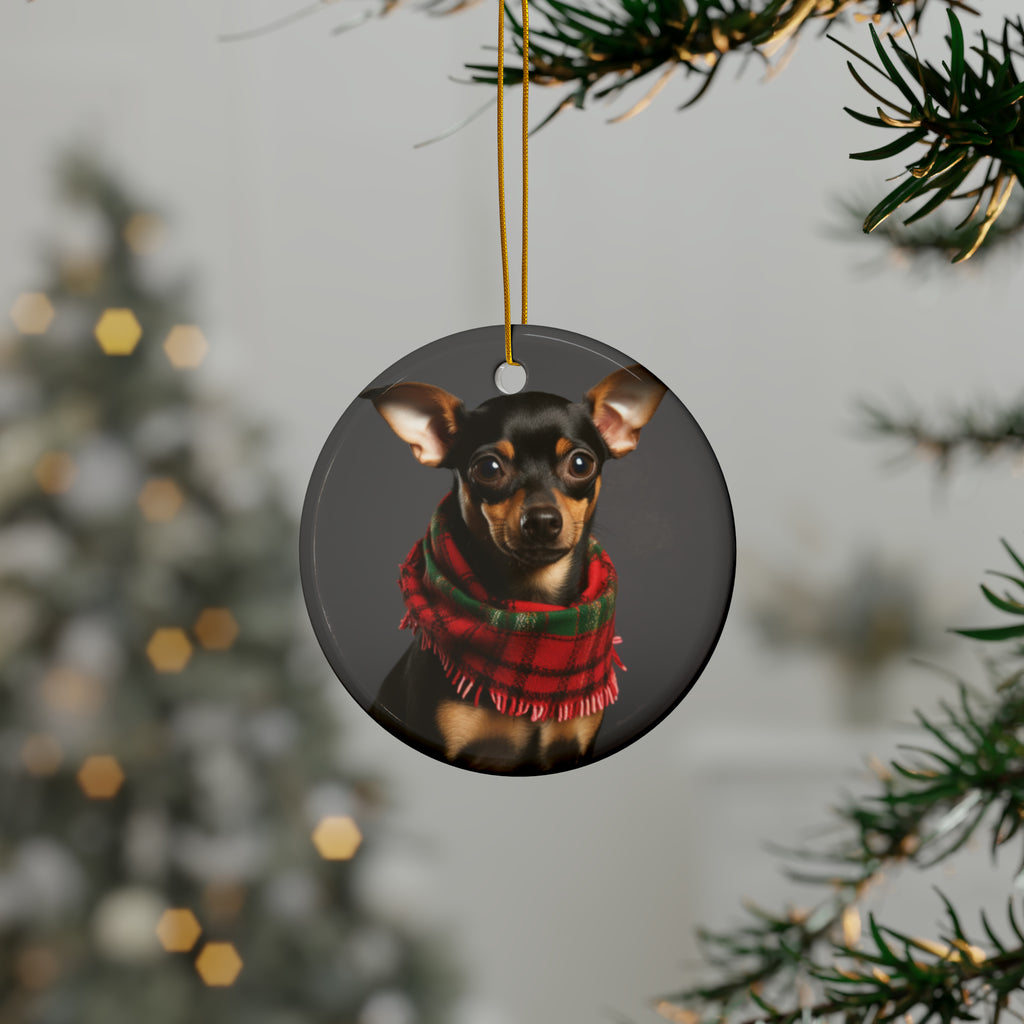 Hanging Ceramic Christmas Tree Ornament with Gold String - Miniature Pinscher Design, view 3