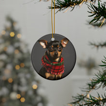 DistinctInk Hanging Ceramic Christmas Tree Ornament with Gold String - Great Gift/Present - 2 3/4 inch Diameter - Miniature Pinscher Design