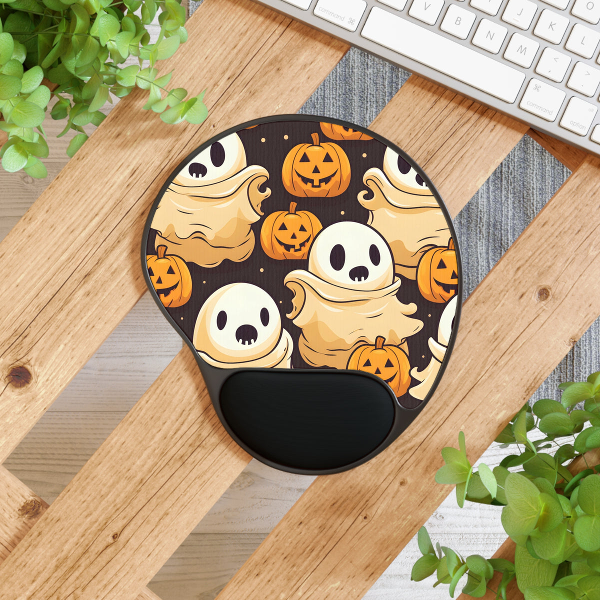 Mouse Pad with Wrist Rest with Ghost Skeleton Pumpkin Pattern Design for Halloween, view 4