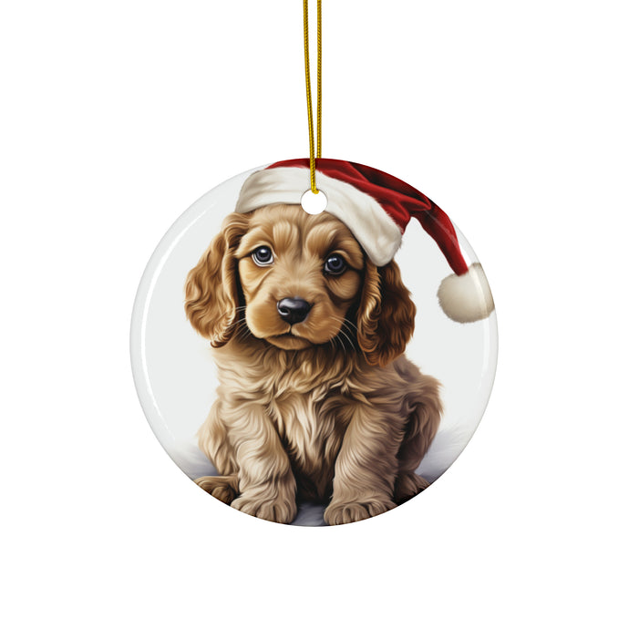 DistinctInk Hanging Ceramic Christmas Tree Ornament with Gold String - Great Gift/Present - 2 3/4 inch Diameter - Cocker Spaniel Puppy Drawing Design