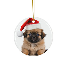 DistinctInk Hanging Ceramic Christmas Tree Ornament with Gold String - Great Gift/Present - 2 3/4 inch Diameter - Tibetan Spaniel Puppy Design
