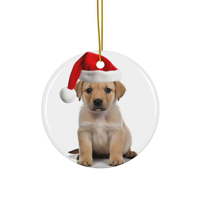 DistinctInk Hanging Ceramic Christmas Tree Ornament with Gold String - Great Gift/Present - 2 3/4 inch Diameter - Chinook Puppy Design