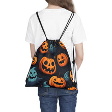 DistinctInk Drawstring Bag Backpack with Nightly Fright of Bats and Ghouls Design for Halloween
