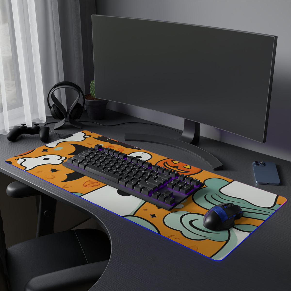 LED Gaming Mouse Pad with Flying Pumpkin Bats Design for Halloween, view 27