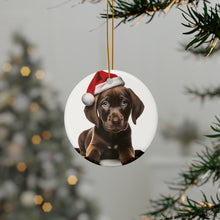 DistinctInk Hanging Ceramic Christmas Tree Ornament with Gold String - Great Gift/Present - 2 3/4 inch Diameter - Plott Hound Puppy Design