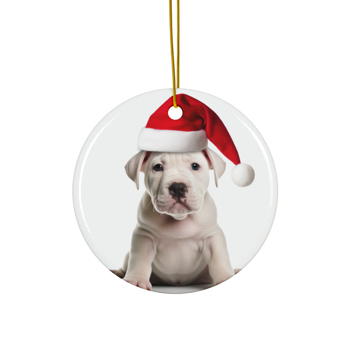 DistinctInk Hanging Ceramic Christmas Tree Ornament with Gold String - Great Gift/Present - 2 3/4 inch Diameter - Dogo Argentino Puppy Design