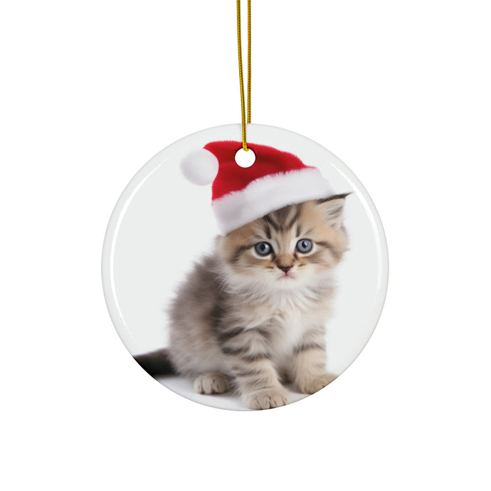 DistinctInk Hanging Ceramic Christmas Tree Ornament with Gold String - Great Gift/Present - 2 3/4 inch Diameter - Ragamuffin Kitten Design
