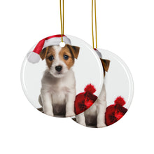 DistinctInk Hanging Ceramic Christmas Tree Ornament with Gold String - Great Gift/Present - 2 3/4 inch Diameter - Parson Russell Terrier Puppy Design