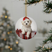 DistinctInk Hanging Ceramic Christmas Tree Ornament with Gold String - Great Gift/Present - 2 3/4 inch Diameter - Coton de Tulear Puppy Design