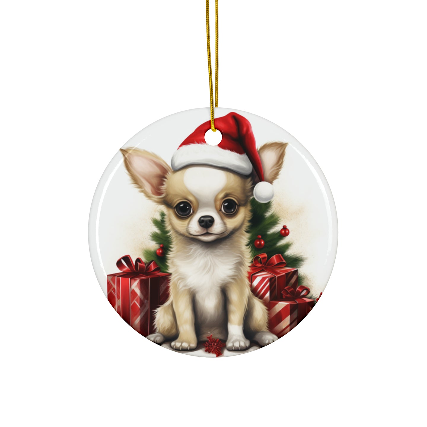 DistinctInk Hanging Ceramic Christmas Tree Ornament with Gold String - Great Gift/Present - 2 3/4 inch Diameter - Chihuahua Puppy Drawing Design