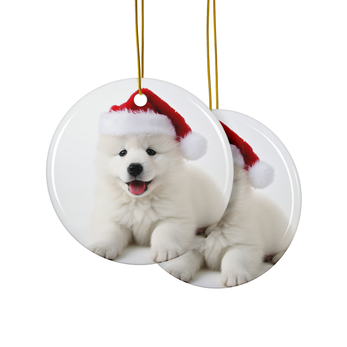 Hanging Ceramic Christmas Tree Ornament with Gold String - Samoyed Puppy Design, view 2