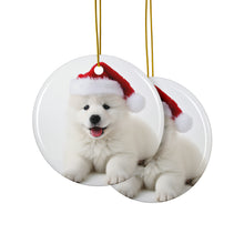 DistinctInk Hanging Ceramic Christmas Tree Ornament with Gold String - Great Gift/Present - 2 3/4 inch Diameter - Samoyed Puppy Design