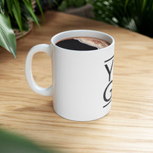 DistinctInk Glossy White Coffee / Tea Mug - Yoga Black Word Art