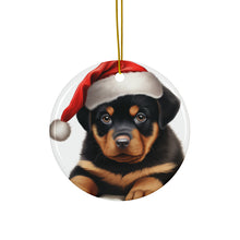 DistinctInk Hanging Ceramic Christmas Tree Ornament with Gold String - Great Gift/Present - 2 3/4 inch Diameter - Rottweiler Puppy Drawing Design