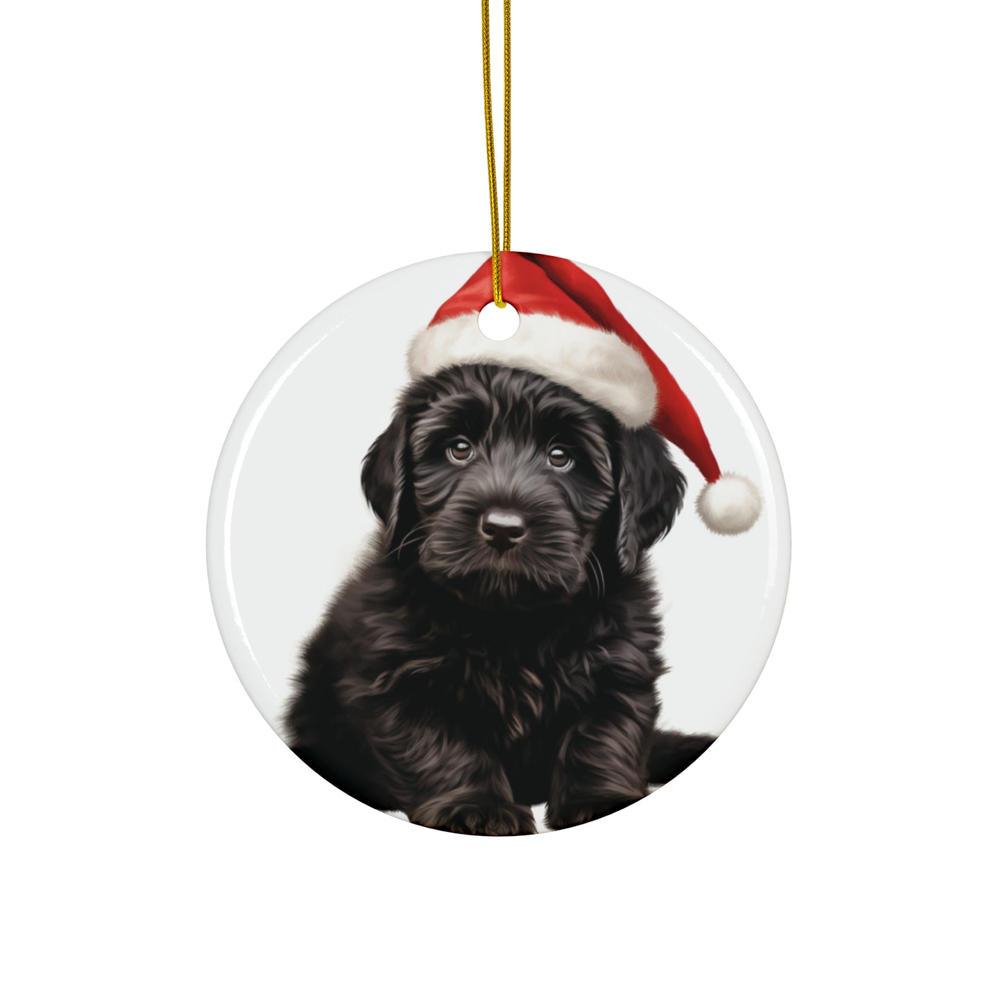 DistinctInk Hanging Ceramic Christmas Tree Ornament with Gold String - Great Gift/Present - 2 3/4 inch Diameter - Bouvier de Flandre Puppy Design