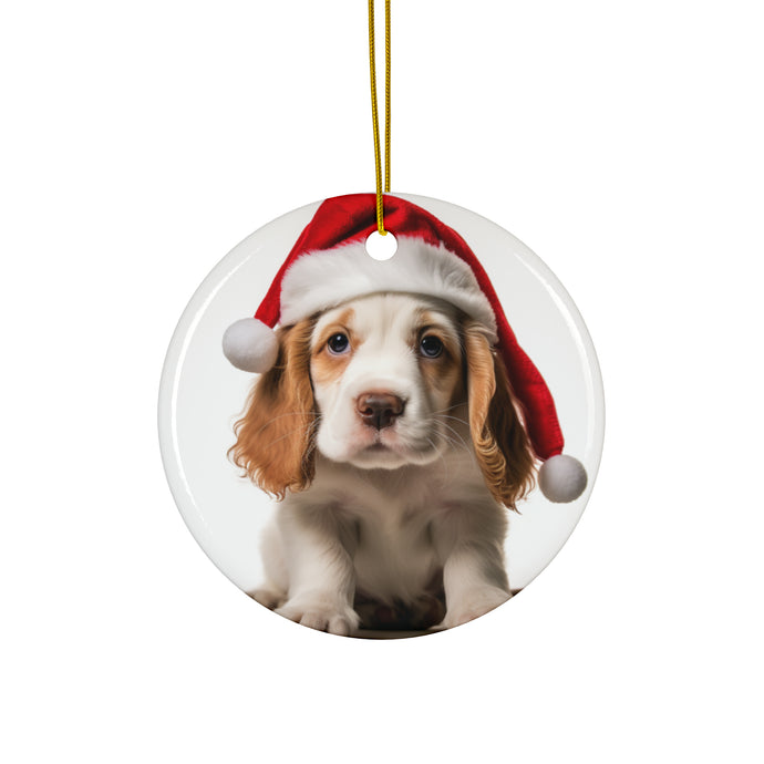 DistinctInk Hanging Ceramic Christmas Tree Ornament with Gold String - Great Gift/Present - 2 3/4 inch Diameter - Clumber Spaniel Puppy Design