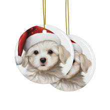 DistinctInk Hanging Ceramic Christmas Tree Ornament with Gold String - Great Gift/Present - 2 3/4 inch Diameter - Maltese Puppy Drawing Design