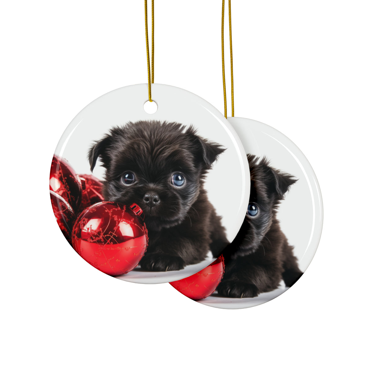 Hanging Ceramic Christmas Tree Ornament with Gold String - Affenpinscher Puppy Design, view 2