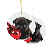 DistinctInk Hanging Ceramic Christmas Tree Ornament with Gold String - Great Gift/Present - 2 3/4 inch Diameter - Affenpinscher Puppy Design