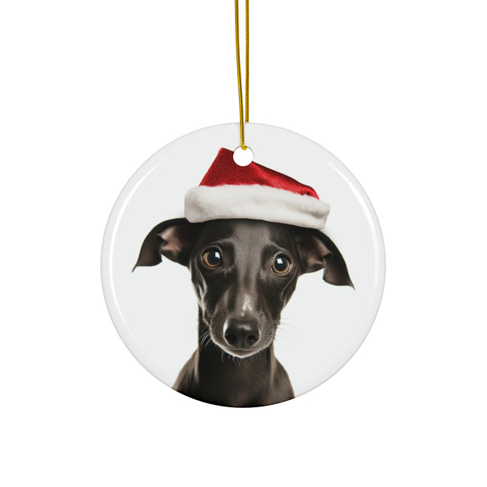 DistinctInk Hanging Ceramic Christmas Tree Ornament with Gold String - Great Gift/Present - 2 3/4 inch Diameter - Italian Greyhound Puppy Design